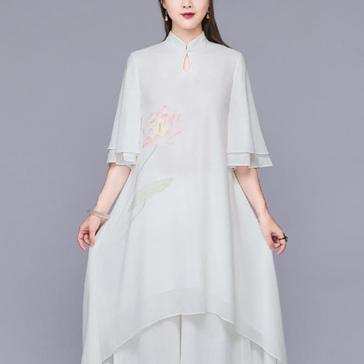 Buddha Stones Conjunto de Mujer de 2 Piezas con Vestido Midi de Cheongsam de Flor de Loto y Pantalones Anchos de Pierna de Chifón Zen - Vestido (solo vestido) - US12, UK/AU16, EU44 (2XL)  - image 5