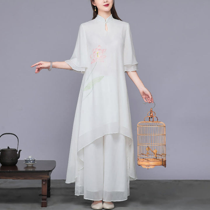 Buddha Stones Conjunto de Mujer de 2 Piezas con Vestido Midi de Cheongsam de Flor de Loto y Pantalones Anchos de Pierna de Chifón Zen - image 1