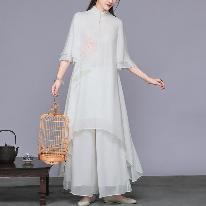 Buddha Stones Conjunto de Mujer de 2 Piezas con Vestido Midi de Cheongsam de Flor de Loto y Pantalones Anchos de Pierna de Chifón Zen - image 3