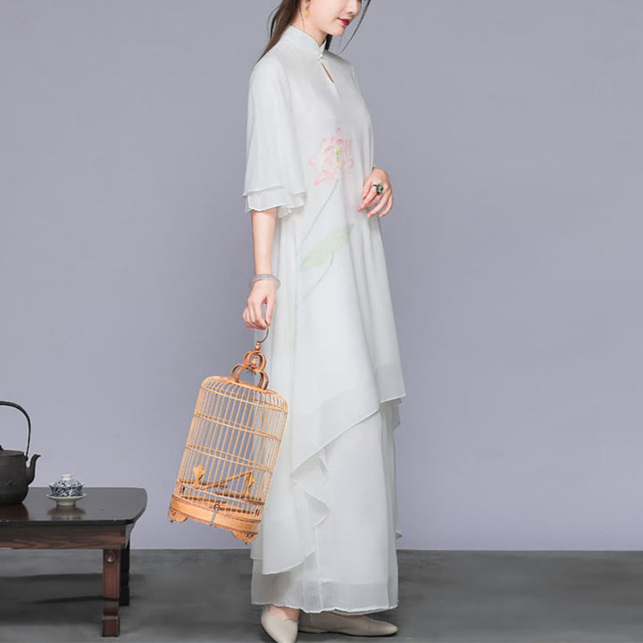 Buddha Stones Conjunto de Mujer de 2 Piezas con Vestido Midi de Cheongsam de Flor de Loto y Pantalones Anchos de Pierna de Chifón Zen - image 2