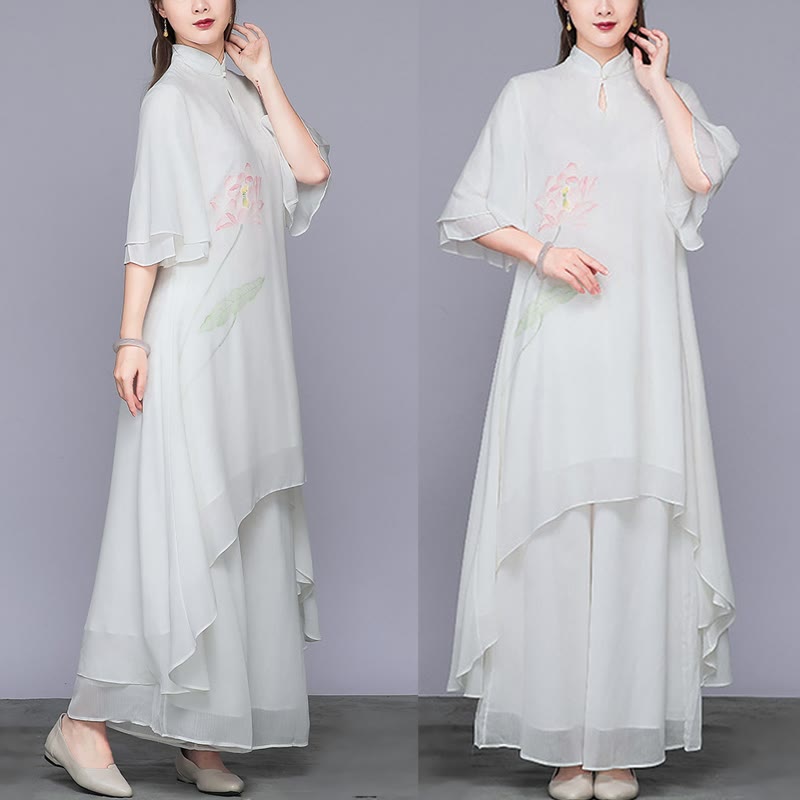 Buddha Stones Conjunto de Mujer de 2 Piezas con Vestido Midi de Cheongsam de Flor de Loto y Pantalones Anchos de Pierna de Chifón Zen - image 4