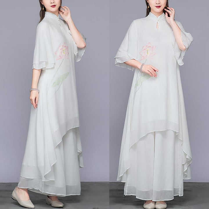 Buddha Stones Conjunto de Mujer de 2 Piezas con Vestido Midi de Cheongsam de Flor de Loto y Pantalones Anchos de Pierna de Chifón Zen - image 4