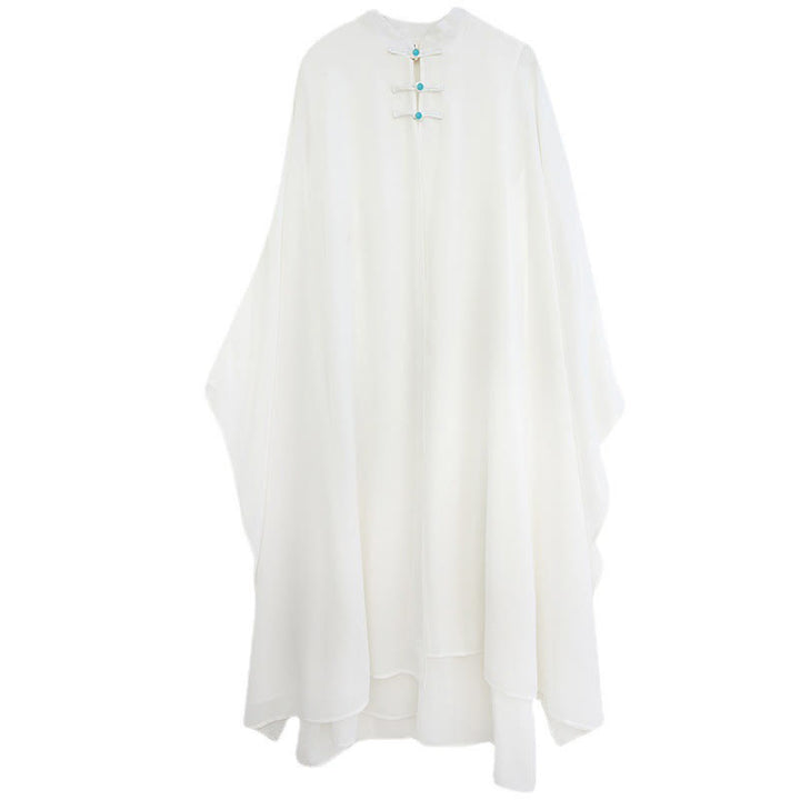 Buddha Stones 2 Pcs Conjunto de Mujer de Zen: Vestido Midi de Manga Larga con Botón de Rana y Pantalones Pierna Ancha de Chifón