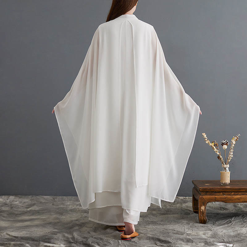 Buddha Stones 2 Pcs Conjunto de Mujer de Zen: Vestido Midi de Manga Larga con Botón de Rana y Pantalones Pierna Ancha de Chifón - image 2