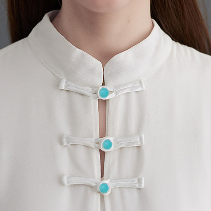 Buddha Stones 2 Pcs Conjunto de Mujer de Zen: Vestido Midi de Manga Larga con Botón de Rana y Pantalones Pierna Ancha de Chifón - image 9