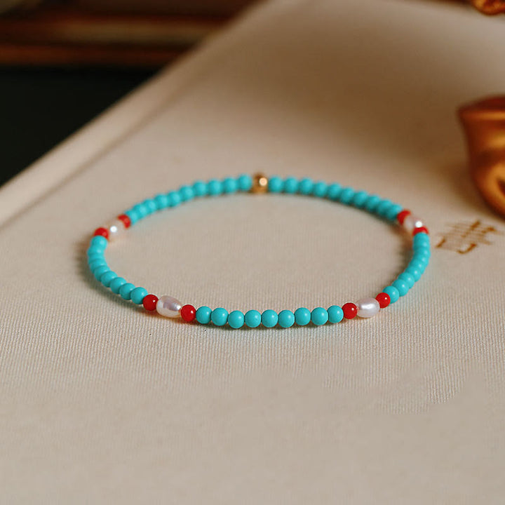 Buddha Stones Pulsera de Protección con Turquesa, Ágata Roja y Perla de Cuentas Pequeñas