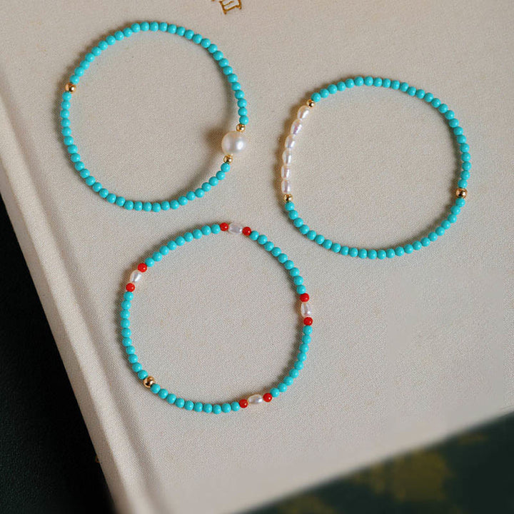 Buddha Stones Pulsera de Protección con Turquesa, Ágata Roja y Perla de Cuentas Pequeñas