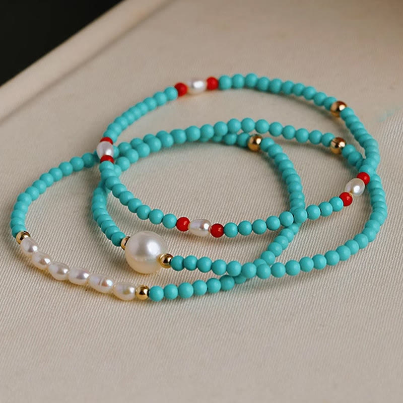 Buddha Stones Pulsera de Protección con Turquesa, Ágata Roja y Perla de Cuentas Pequeñas