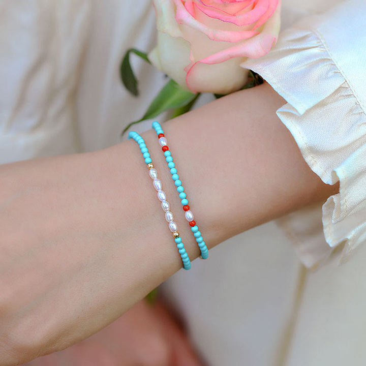Buddha Stones Pulsera de Protección con Turquesa, Ágata Roja y Perla de Cuentas Pequeñas