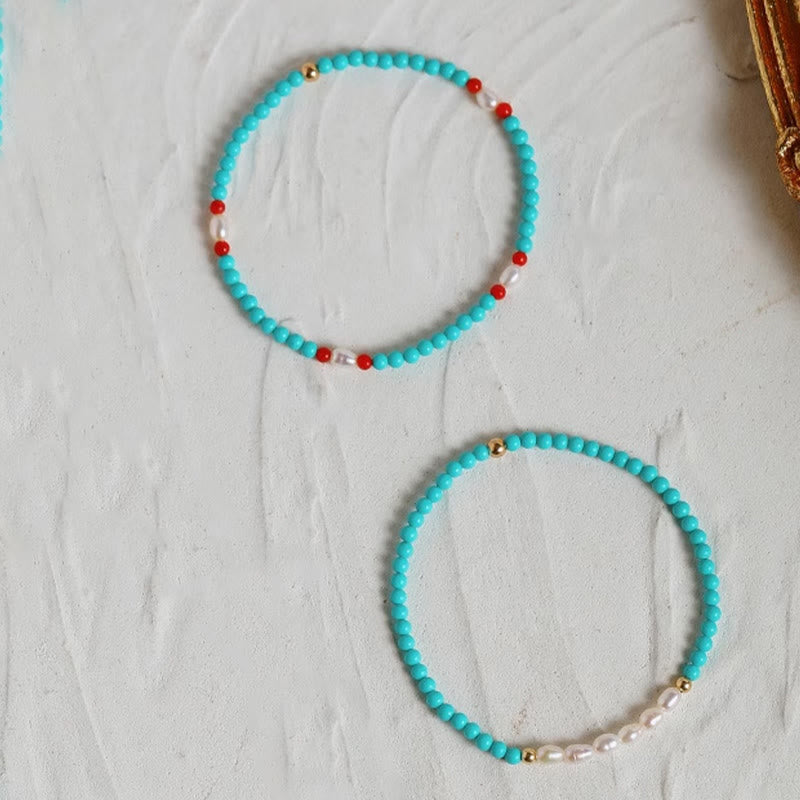 Buddha Stones Pulsera de Protección con Turquesa, Ágata Roja y Perla de Cuentas Pequeñas