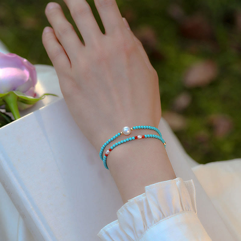 Buddha Stones Pulsera de Protección con Turquesa, Ágata Roja y Perla de Cuentas Pequeñas