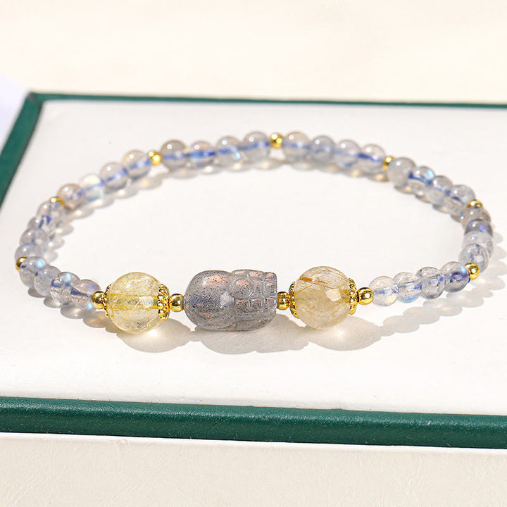 Pulsera de sanación de Buddha Stones con piedra lunar, cuarzo fresa y turmalina PiXiu
