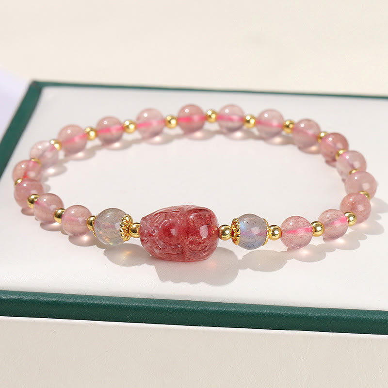 Pulsera de sanación de Buddha Stones con piedra lunar, cuarzo fresa y turmalina PiXiu
