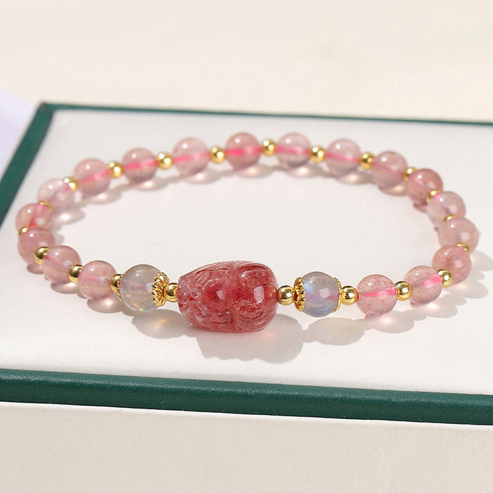 Pulsera de sanación de Buddha Stones con piedra lunar, cuarzo fresa y turmalina PiXiu
