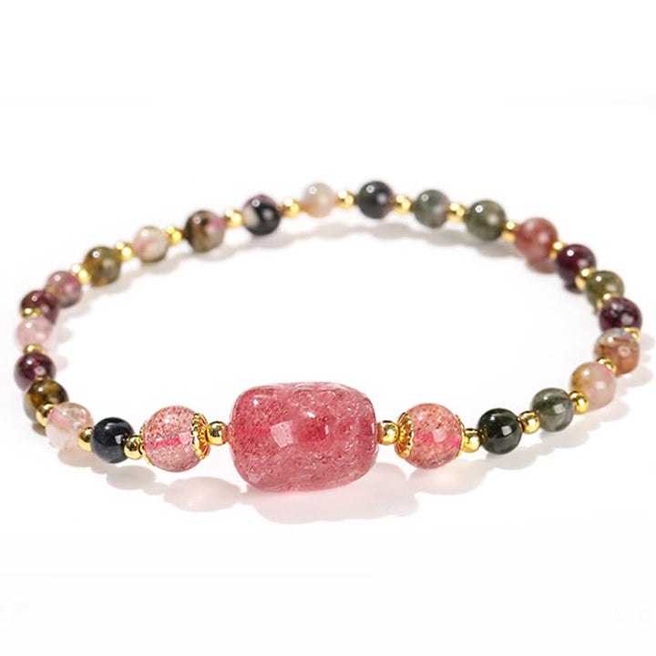 Pulsera de sanación de Buddha Stones con piedra lunar, cuarzo fresa y turmalina PiXiu