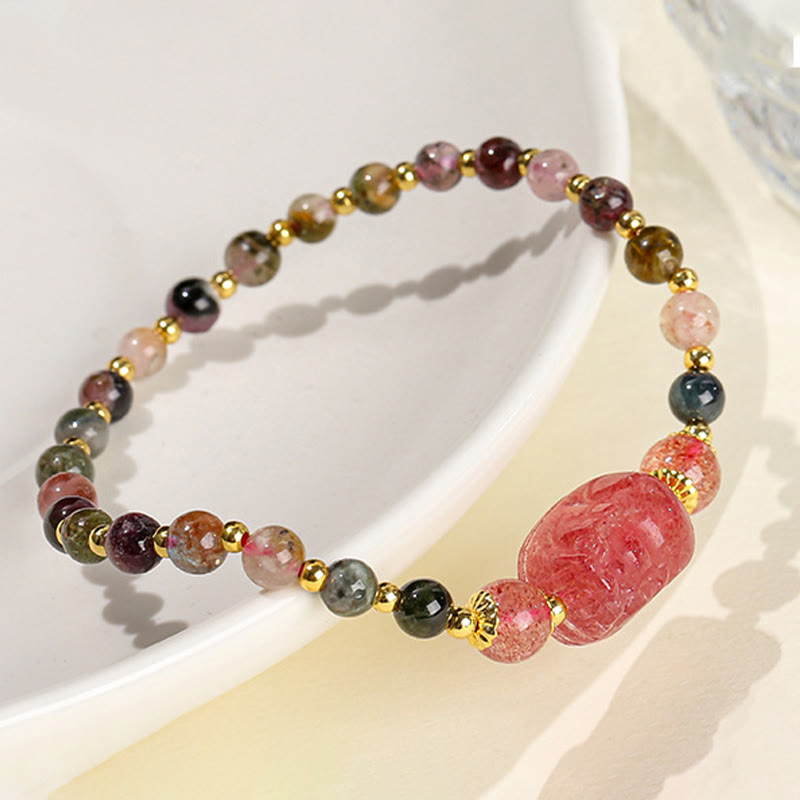 Pulsera de sanación de Buddha Stones con piedra lunar, cuarzo fresa y turmalina PiXiu
