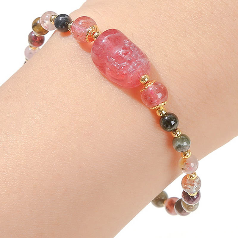 Pulsera de sanación de Buddha Stones con piedra lunar, cuarzo fresa y turmalina PiXiu