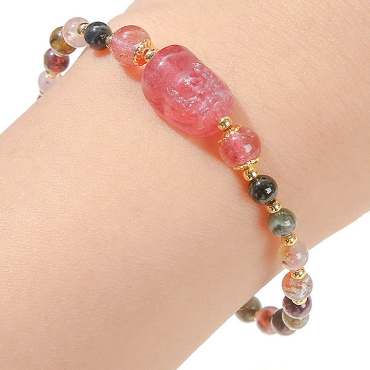 Pulsera de sanación de Buddha Stones con piedra lunar, cuarzo fresa y turmalina PiXiu