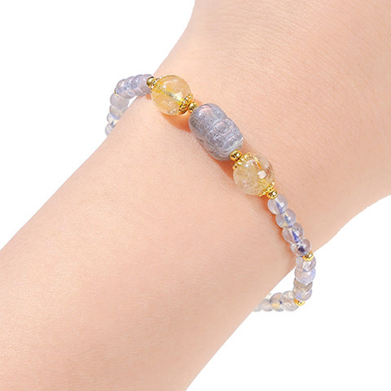 Pulsera de sanación de Buddha Stones con piedra lunar, cuarzo fresa y turmalina PiXiu
