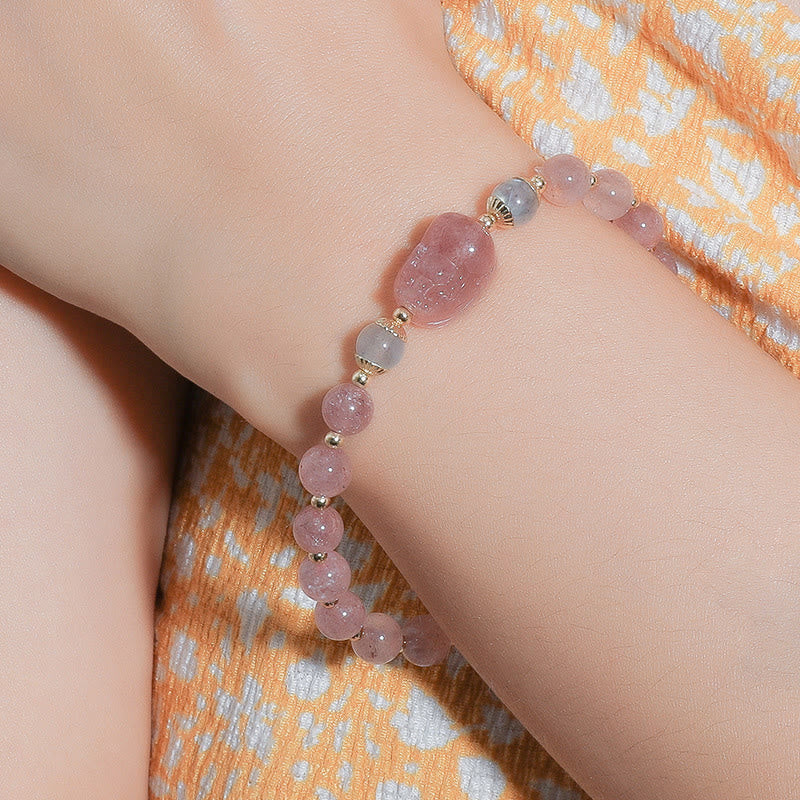 Pulsera de sanación de Buddha Stones con piedra lunar, cuarzo fresa y turmalina PiXiu