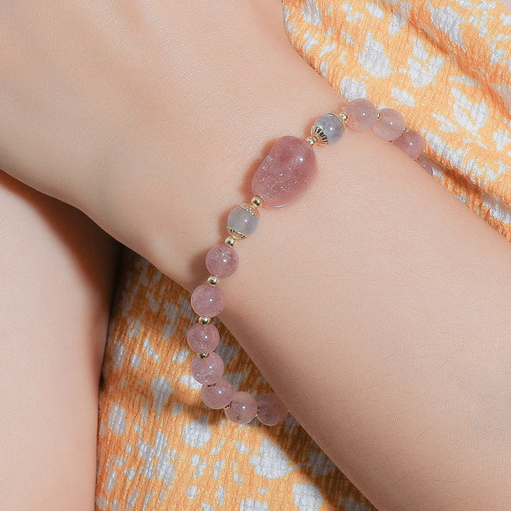Pulsera de sanación de Buddha Stones con piedra lunar, cuarzo fresa y turmalina PiXiu
