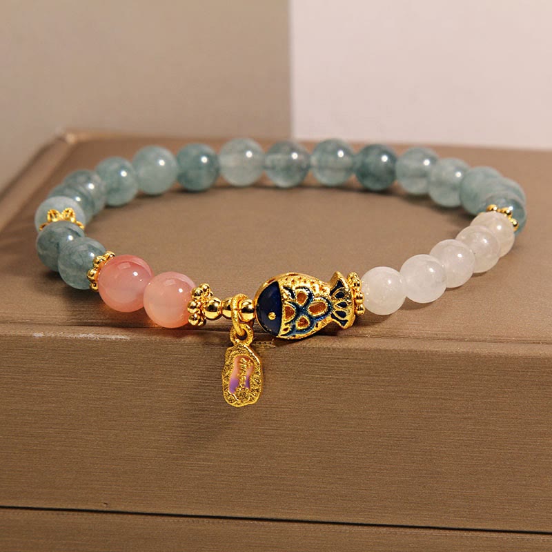 Buddha Stones Jade Yanyuan Ágata Jade Blanco Peces Koi Escritura Encanto Suerte Pulsera