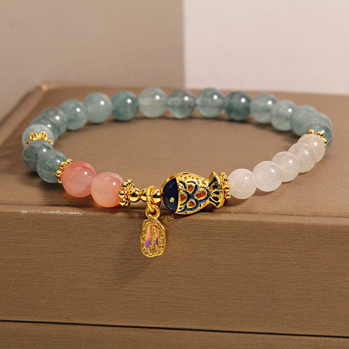 Buddha Stones Jade Yanyuan Ágata Jade Blanco Peces Koi Escritura Encanto Suerte Pulsera
