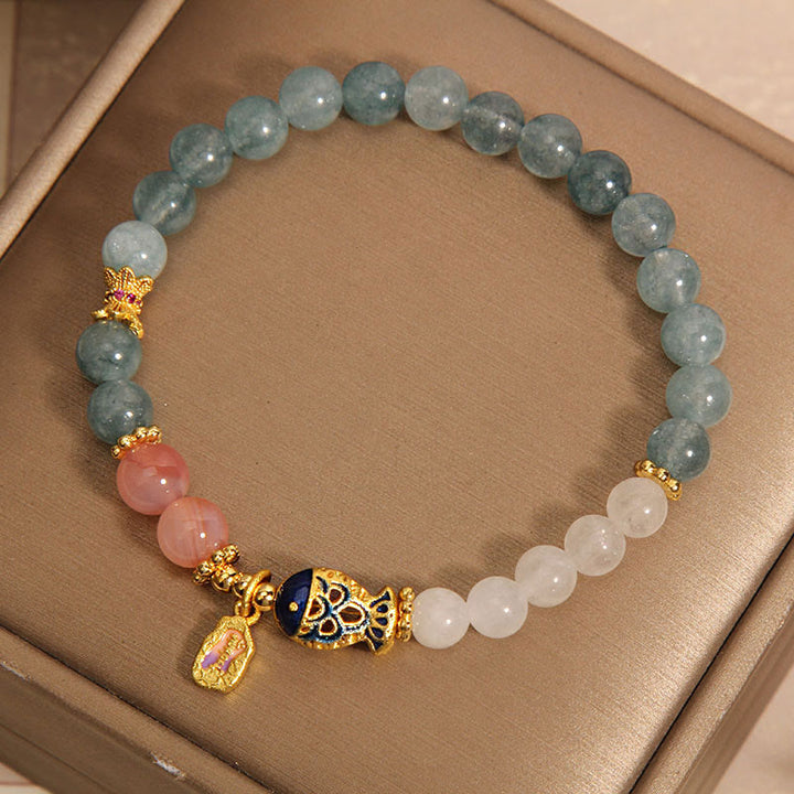 Buddha Stones Jade Yanyuan Ágata Jade Blanco Peces Koi Escritura Encanto Suerte Pulsera