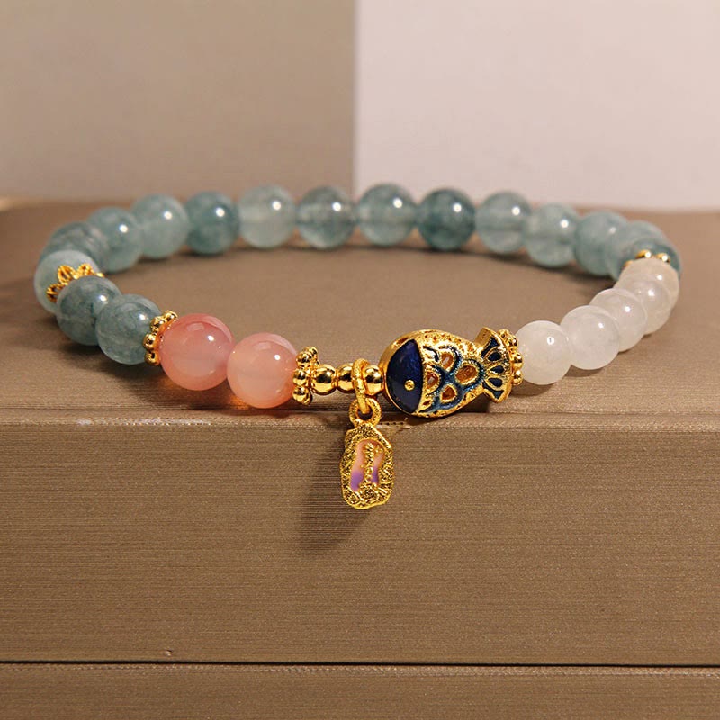 Buddha Stones Jade Yanyuan Ágata Jade Blanco Peces Koi Escritura Encanto Suerte Pulsera