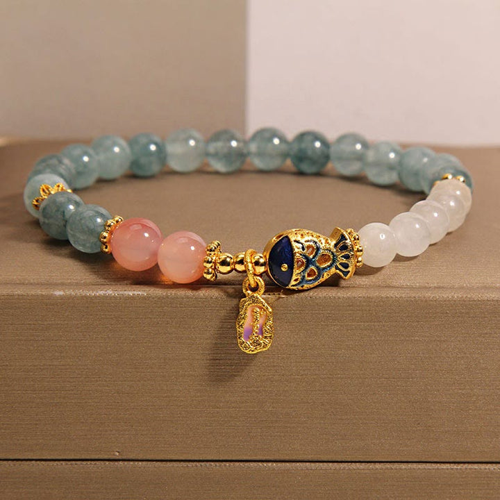 Buddha Stones Jade Yanyuan Ágata Jade Blanco Peces Koi Escritura Encanto Suerte Pulsera