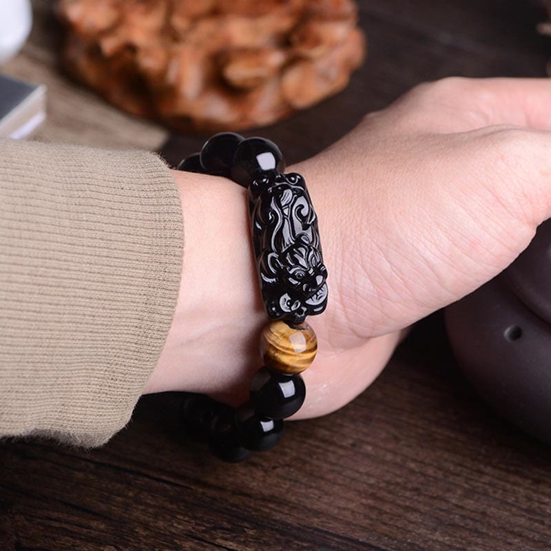 Buddha Stones Pulsera de Fuerza de Ojo de Tigre con PiXiu de Obsidiana Negra Natural