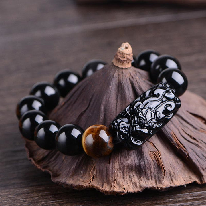 Buddha Stones Pulsera de Fuerza de Ojo de Tigre con PiXiu de Obsidiana Negra Natural