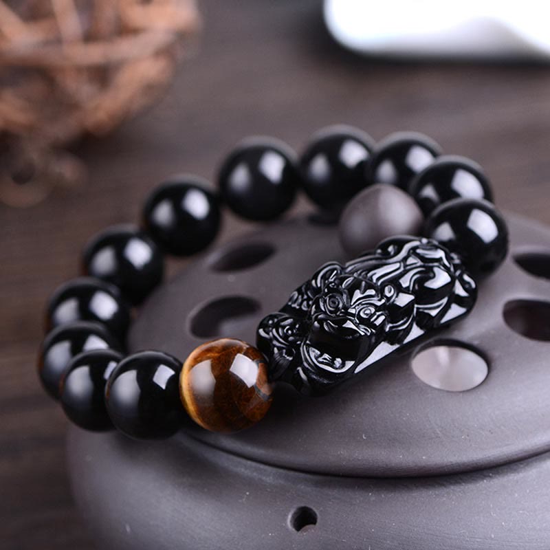 Buddha Stones Pulsera de Fuerza de Ojo de Tigre con PiXiu de Obsidiana Negra Natural