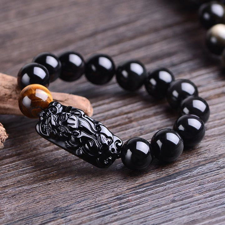 Buddha Stones Pulsera de Fuerza de Ojo de Tigre con PiXiu de Obsidiana Negra Natural
