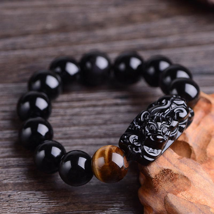 Buddha Stones Pulsera de Fuerza de Ojo de Tigre con PiXiu de Obsidiana Negra Natural
