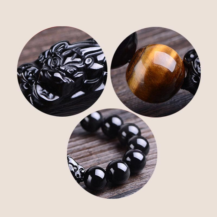 Buddha Stones Pulsera de Fuerza de Ojo de Tigre con PiXiu de Obsidiana Negra Natural
