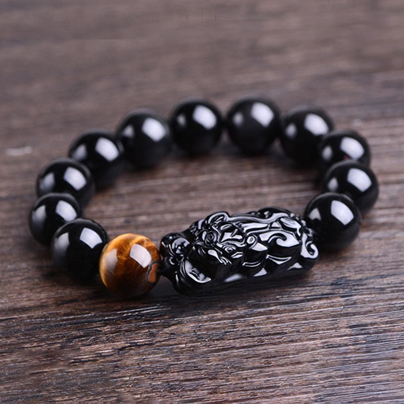 Buddha Stones Pulsera de Fuerza de Ojo de Tigre con PiXiu de Obsidiana Negra Natural