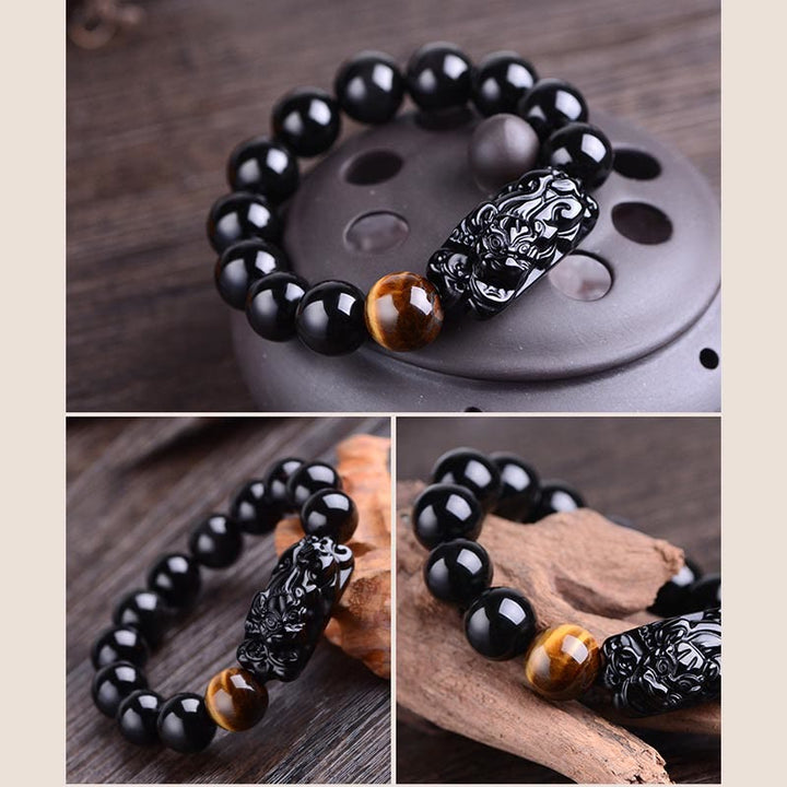 Buddha Stones Pulsera de Fuerza de Ojo de Tigre con PiXiu de Obsidiana Negra Natural