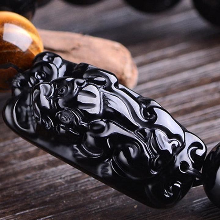 Buddha Stones Pulsera de Fuerza de Ojo de Tigre con PiXiu de Obsidiana Negra Natural