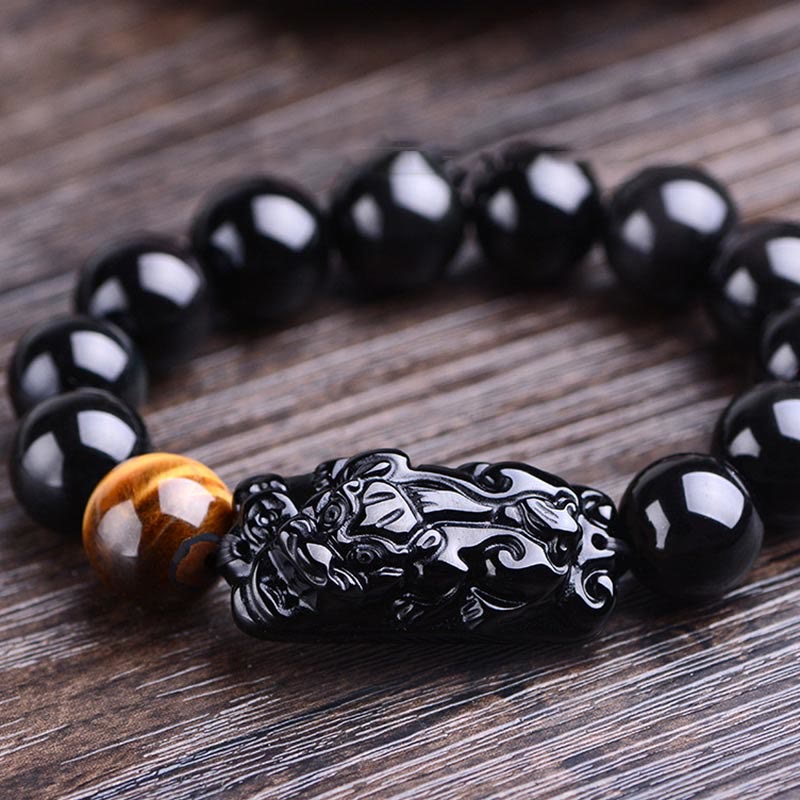 Buddha Stones Pulsera de Fuerza de Ojo de Tigre con PiXiu de Obsidiana Negra Natural
