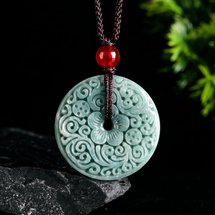 Colgante de collar de abundancia con piedra jade verde tallada en forma de flor y amuleto de paz de Buddha Stones