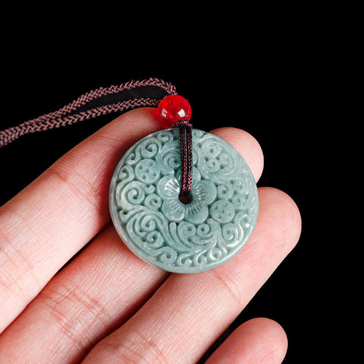 Colgante de collar de abundancia con piedra jade verde tallada en forma de flor y amuleto de paz de Buddha Stones