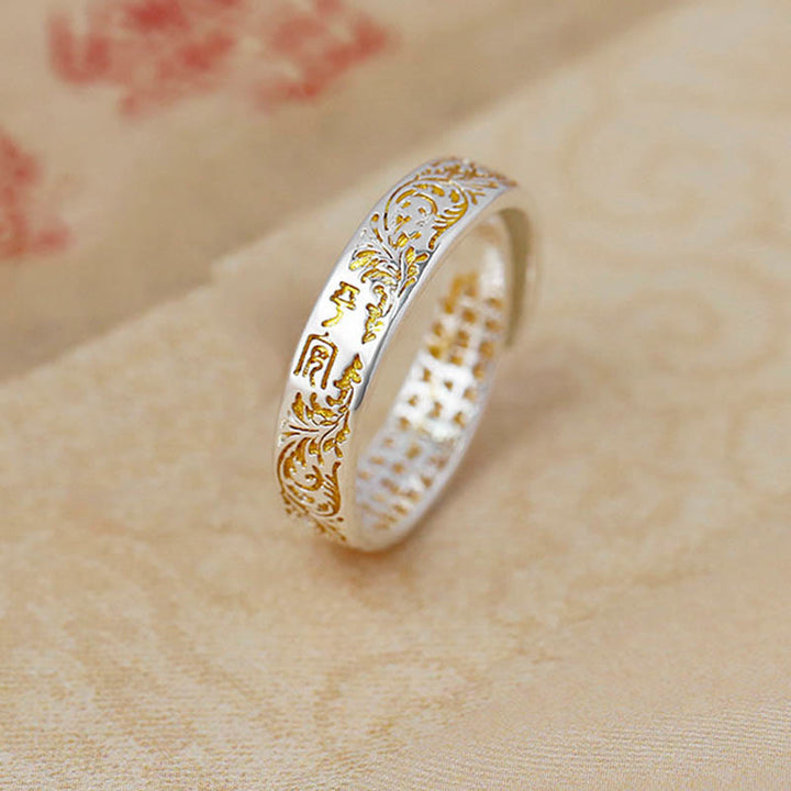 Buddha Stones Anillo Ajustable de Suerte de Cobre con Diseño de Flor de la Dinastía Tang Sutra del Corazón de Loto Tallado de Paz y Alegría