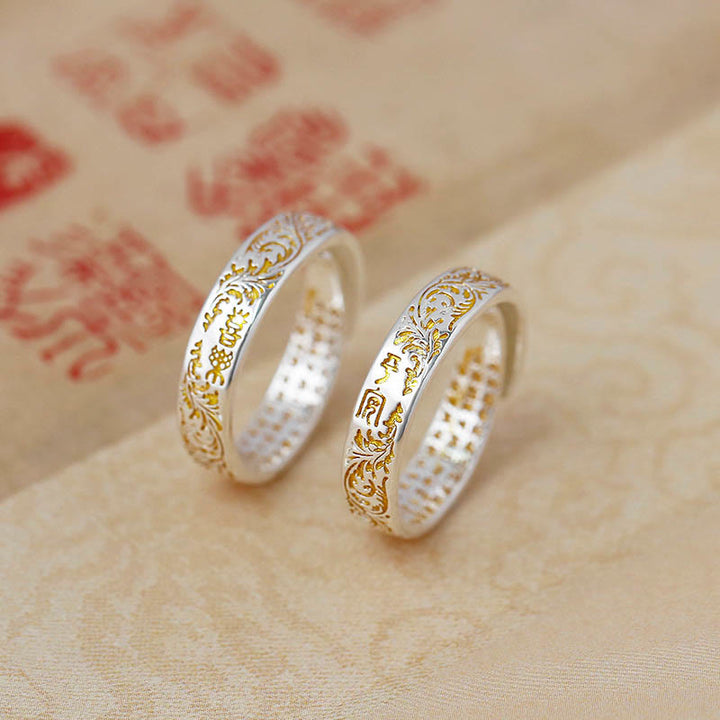 Buddha Stones Anillo Ajustable de Suerte de Cobre con Diseño de Flor de la Dinastía Tang Sutra del Corazón de Loto Tallado de Paz y Alegría