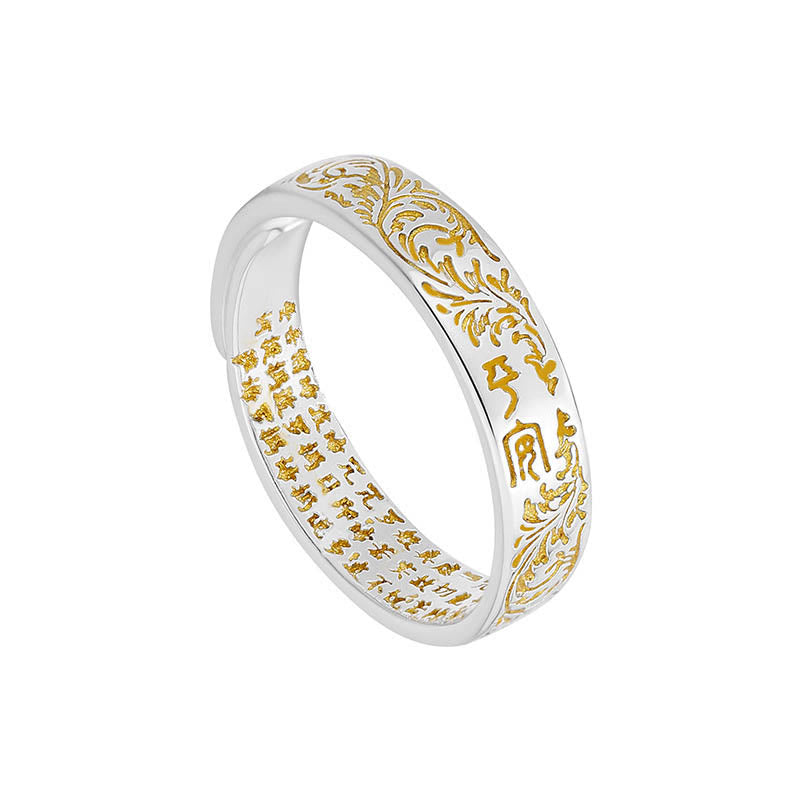 Buddha Stones Anillo Ajustable de Suerte de Cobre con Diseño de Flor de la Dinastía Tang Sutra del Corazón de Loto Tallado de Paz y Alegría