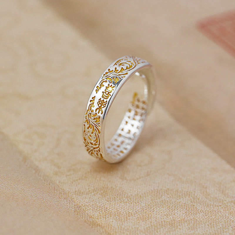 Buddha Stones Anillo Ajustable de Suerte de Cobre con Diseño de Flor de la Dinastía Tang Sutra del Corazón de Loto Tallado de Paz y Alegría