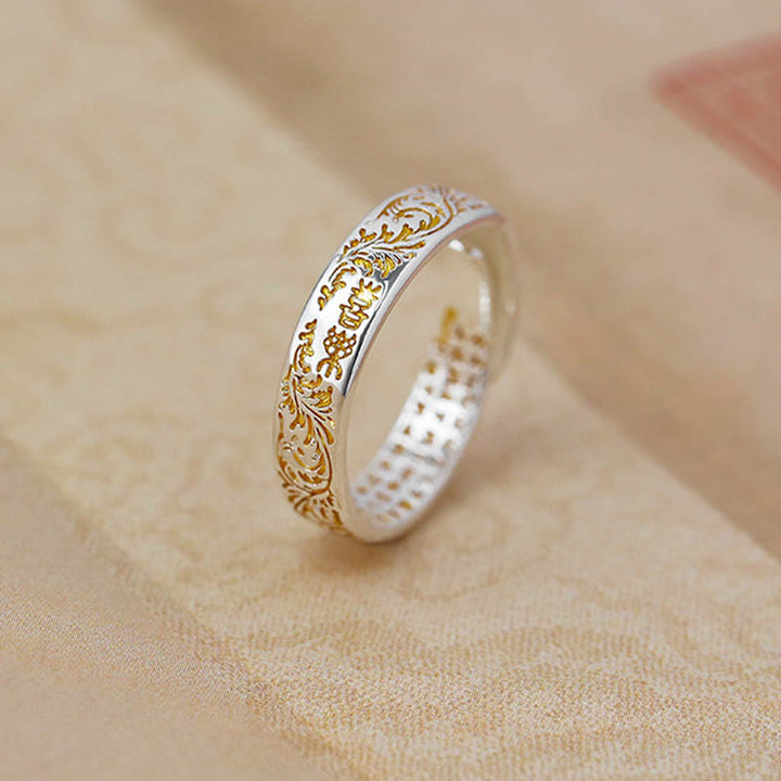 Buddha Stones Anillo Ajustable de Suerte de Cobre con Diseño de Flor de la Dinastía Tang Sutra del Corazón de Loto Tallado de Paz y Alegría