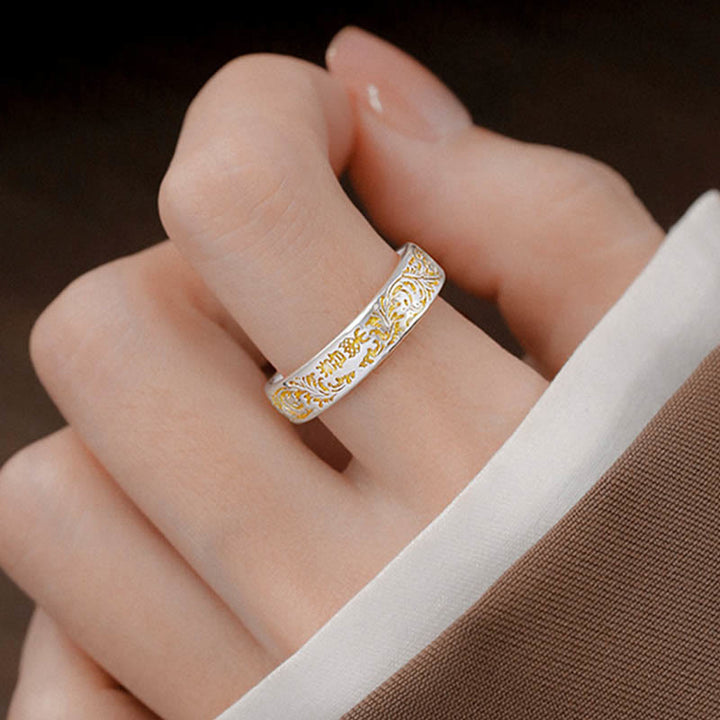 Buddha Stones Anillo Ajustable de Suerte de Cobre con Diseño de Flor de la Dinastía Tang Sutra del Corazón de Loto Tallado de Paz y Alegría