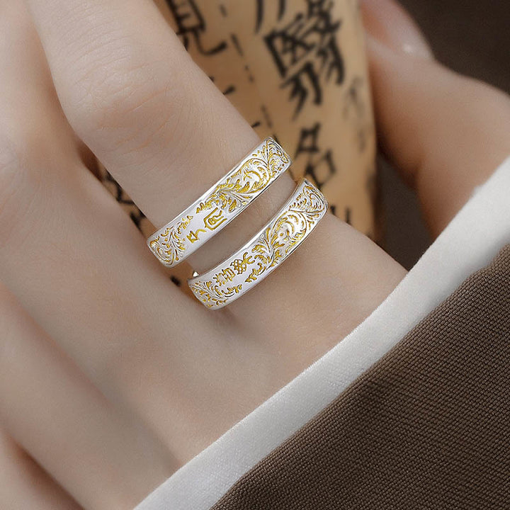 Buddha Stones Anillo Ajustable de Suerte de Cobre con Diseño de Flor de la Dinastía Tang Sutra del Corazón de Loto Tallado de Paz y Alegría