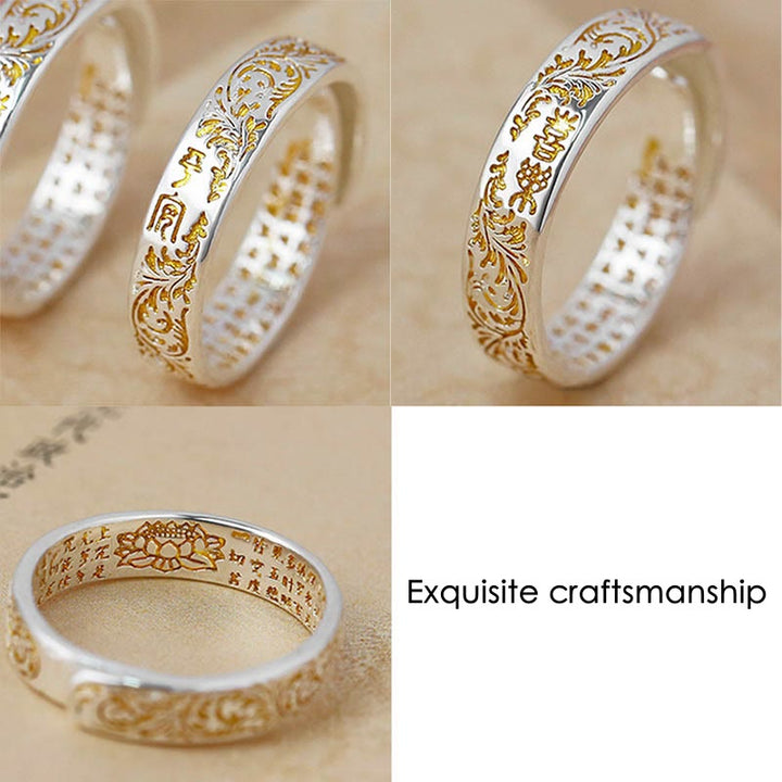 Buddha Stones Anillo Ajustable de Suerte de Cobre con Diseño de Flor de la Dinastía Tang Sutra del Corazón de Loto Tallado de Paz y Alegría